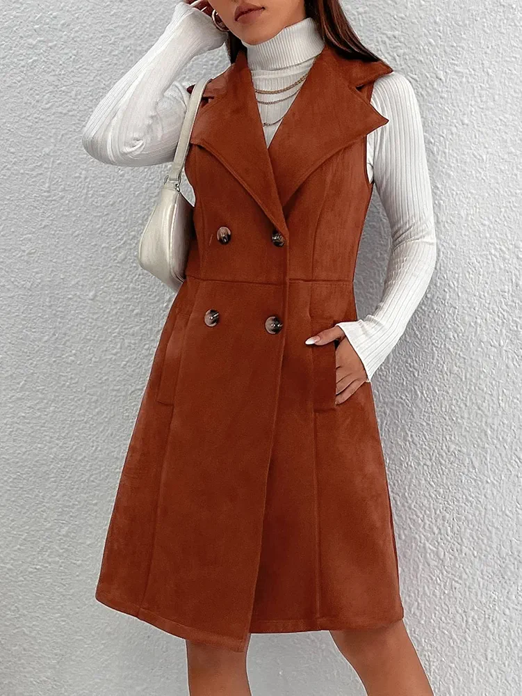 Womens Jackets Jackets for Women 1pc Double Breasted Faux Suede Vest Trench Coat (Color : Rust Brown, Size : X-Small)