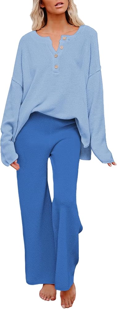 Pink Queen Lounge Sets For Women 2 Piece Outfits Knit Set Pullover Top Wide Leg Pants Sweater Sweat Set Sky Blue XL