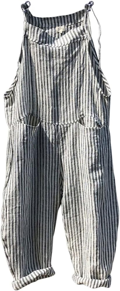 CHARTOU Women Oversized Summer Casual Stripes Cargo Jumpsuit Wide Leg Bib Overall Striped Linen Pants Dungarees Pocket