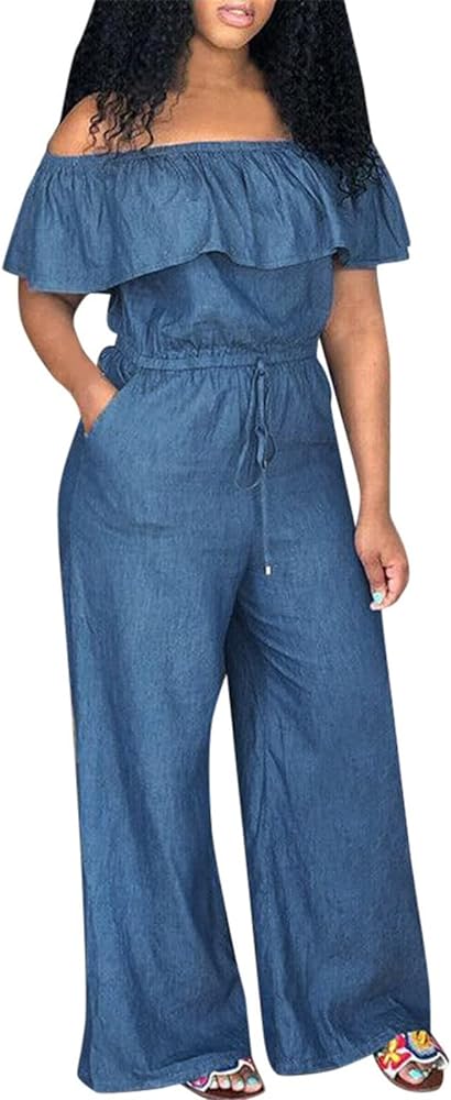 Denim Jumpsuit for Women,Cargo Jeans Jumpsuit Strapless Wide Leg Loose Baggy Romper One Shoulder Ruffle Jean Rompers