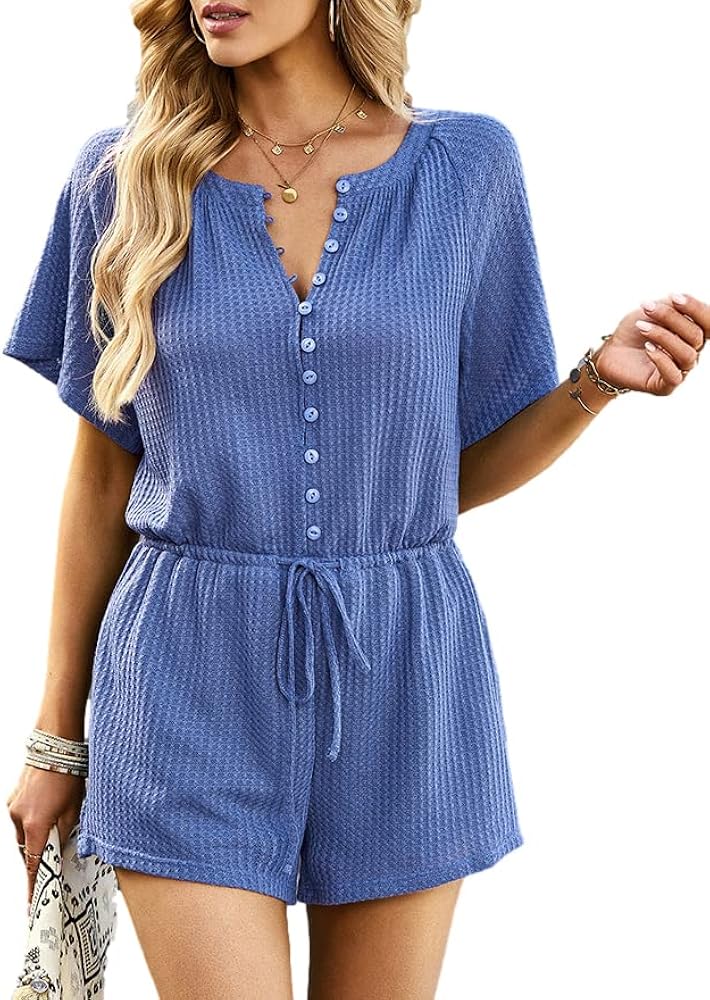 Summer Knitted Rompers Women Soft Adjustable Waist Button Down Romper Overalls with Drawstring