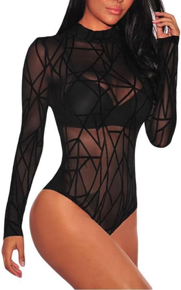 Long Sleeve Bodysuit for Women Sheer Mesh See Through Leotard Bodysuit Top