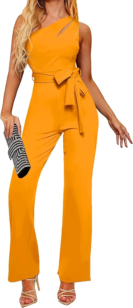 Womens Summer One Shoulder Cutout Elegant Casual Sleeveless High Waist Belted Wide Leg Jumpsuits