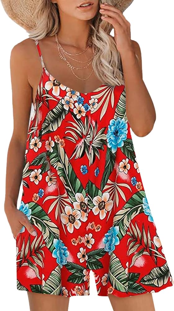 Romper for Womens Casual Sleeveless Strap Loose Adjustable Jumpsuits Stretchy Shorts Romper With Pockets Solid color