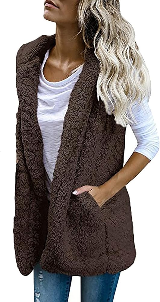 Womens Fuzzy Sherpa Fleece Jacket Lightweight Removable Hooded Winter Puffer Vest Thermal Padded Gilet Zip Pockets