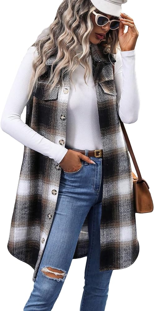 MakeMeChic Women's Button Down Collar Neck Sleeveless Coat Casual Plaid Single Breasted Jackets Outerwear Vests