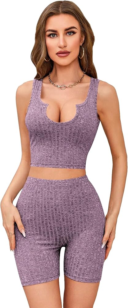 WDIRARA Women's 2 Piece Outfits Ribbed Tank Top and Biker Shorts Outfits Yoga Set Lounge Pajama Sets