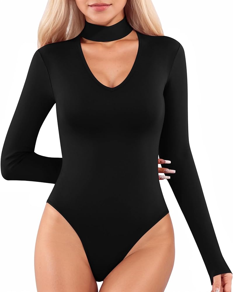 MANGOPOP Mock Turtleneck V Neck Long Sleeve Bodysuit for Women Cutout Front Body Suit Sexy