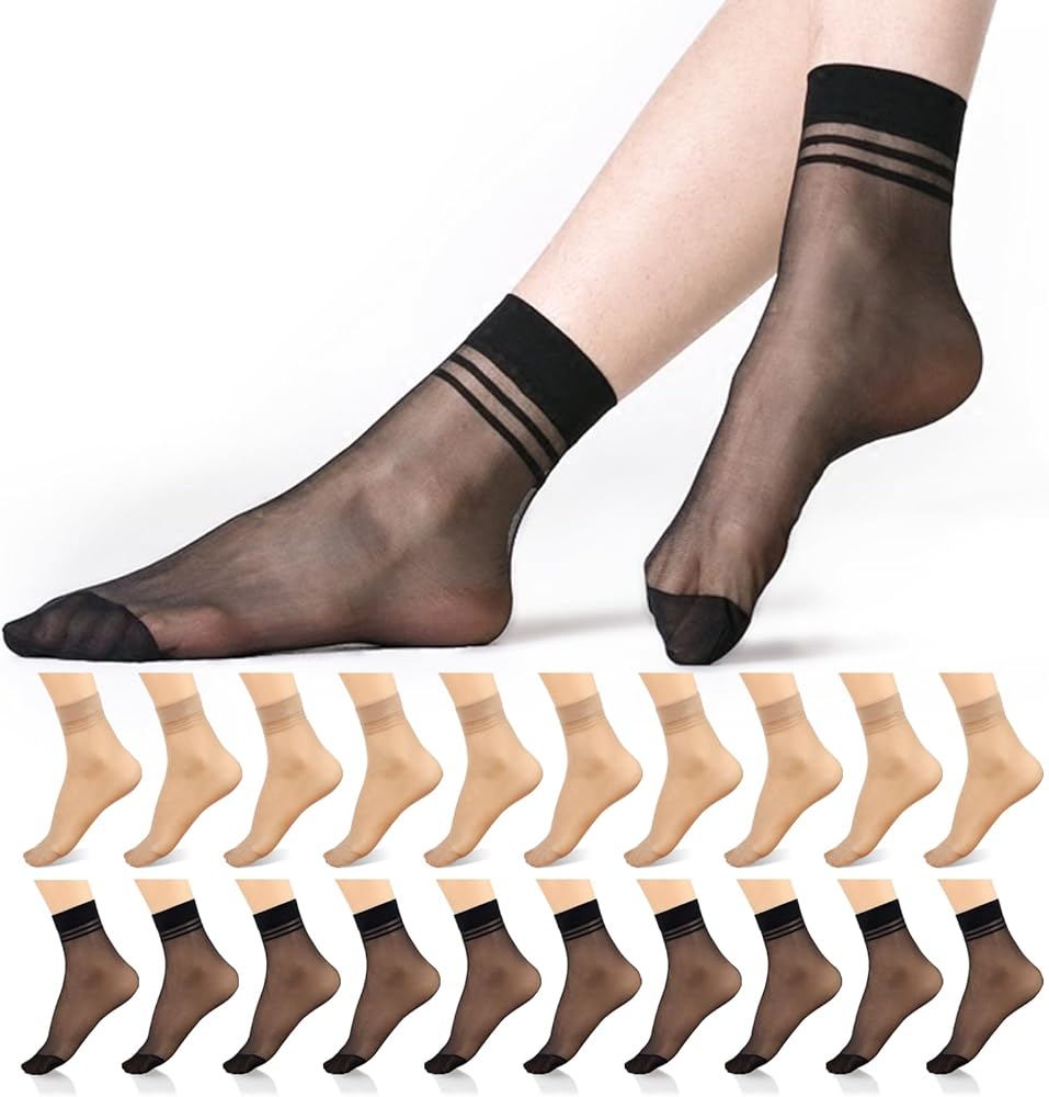 20 Pairs Women's Ankle Sheer Nylon Socks Nude Black Summer Thin Soft Tight Hosiery with Reinforced Toe Stylish Cool Socks for Girls.