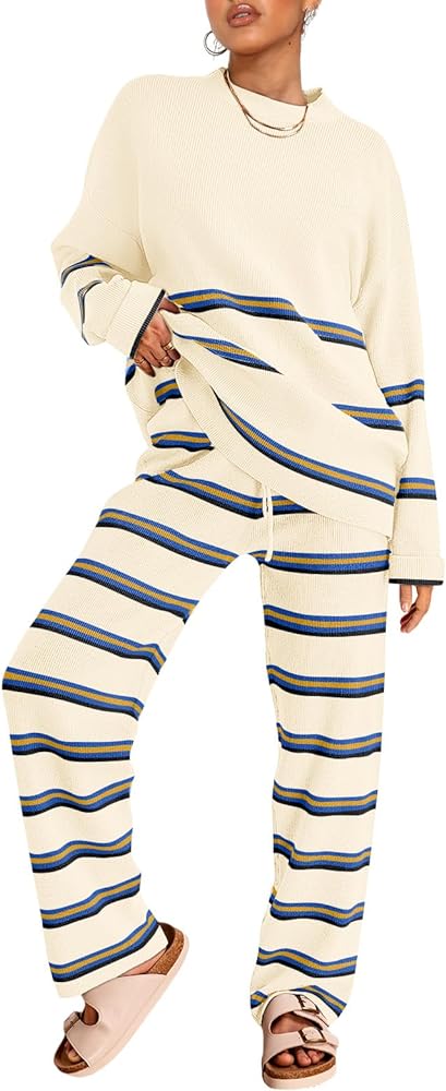 LILLUSORY 2 Piece Outfits for Women 2024 Oversized Striped Sweaters Sets Cozy Knit Sets