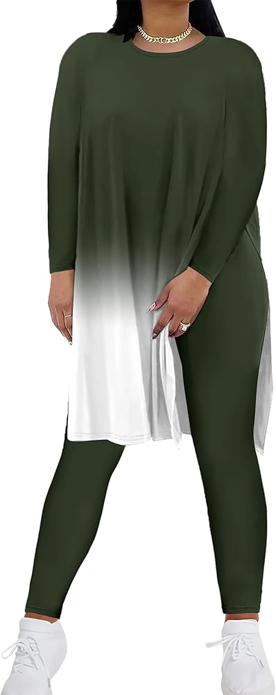 AOMONI 2 Piece Outfit For Women Long Sleeve Tunic Top Gradient Workout Sets