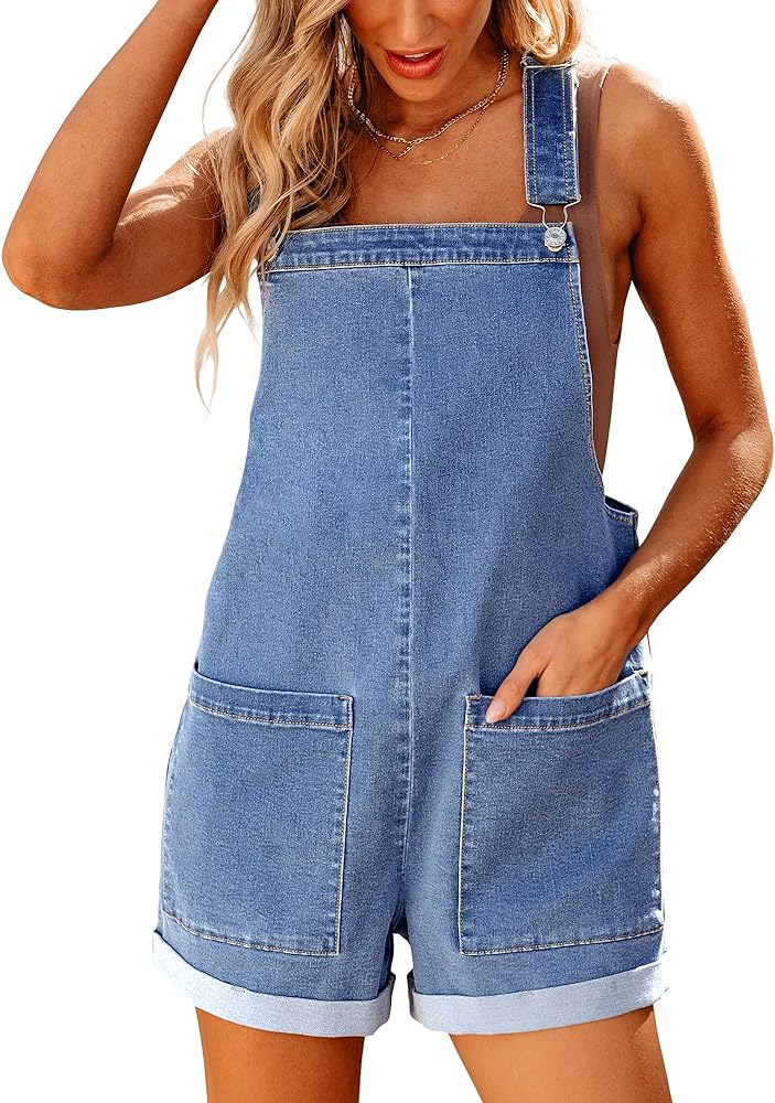 luvamia Short Overalls for Women Loose Fit Jean Rompers Baggy Stretchy Denim Jumpsuit Summer Shortalls with Pockets