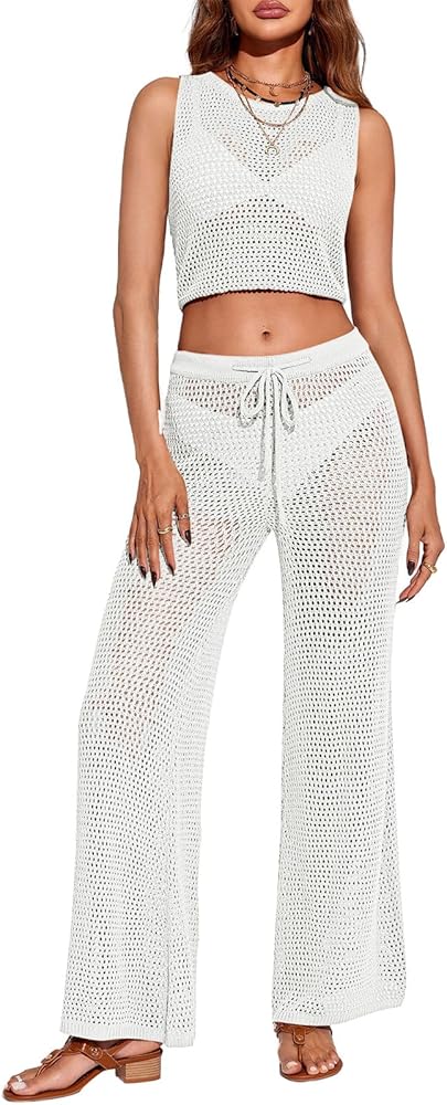 Saodimallsu Womens 2 Piece Crochet Swimsuit Cover Up Sleeveless Crop Top Drawstring Long Pants Set Beach Outfits