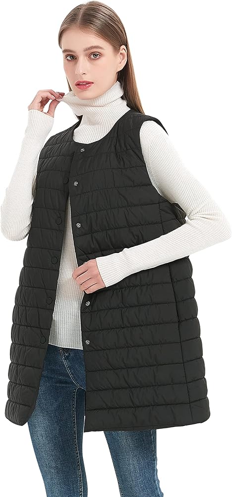 Women Long Puffer Vest Down Quilted Lightweight Button Opening Sleeveless Jacket with Pockets