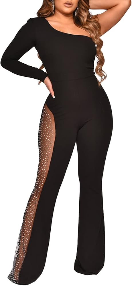 RINTONIX Women Sexy One Shoulder Bodycon Rhinestone Leg Jumpsuit Wide Leg Split Long Pant Club Romper Overall