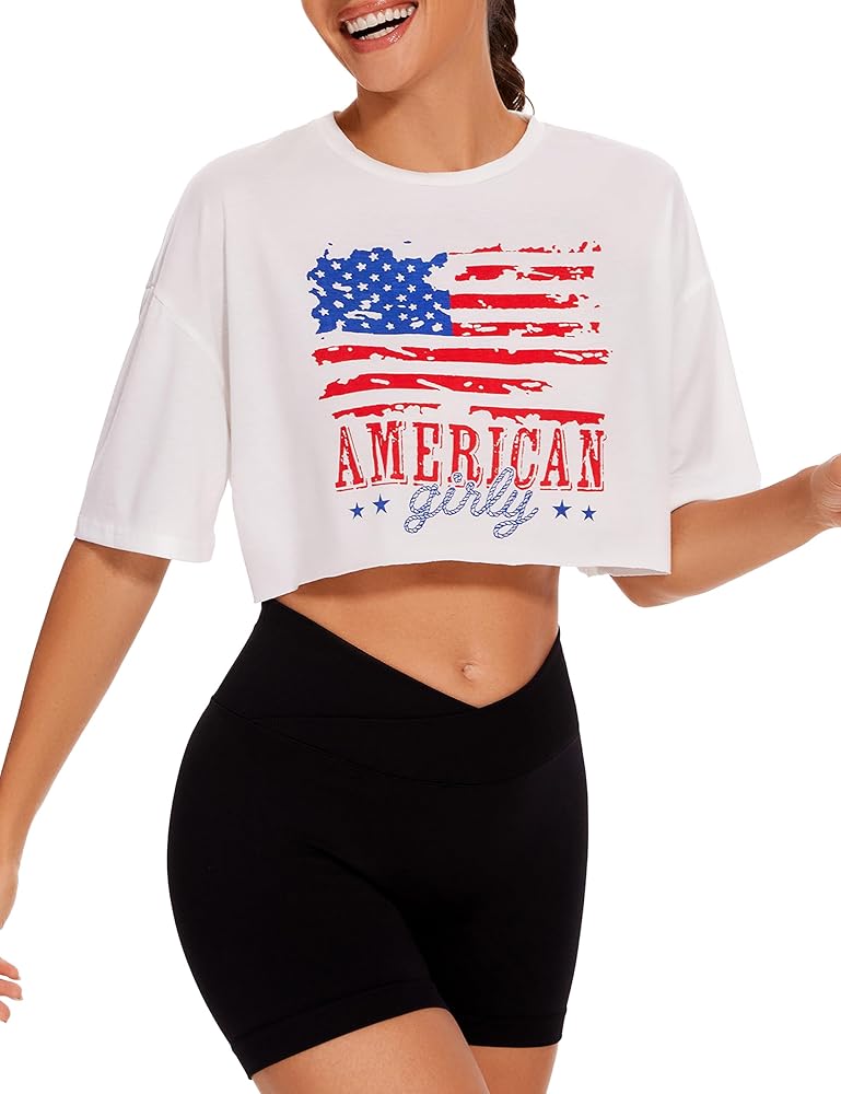 BEGOING America Flag Crop Tops Women 4th of July Patriotic Shirts Oversized 2 Piece Short Matching Workout Set Outfits