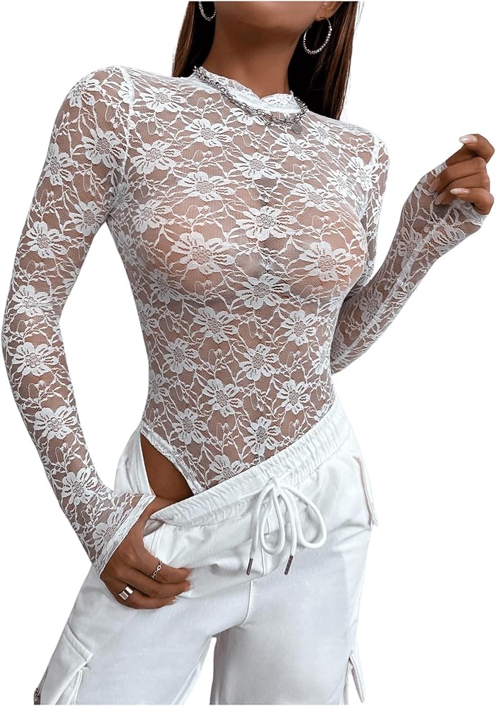 Women's Floral Lace Long Sleeve Mock Neck See Through T Shirt Sheer Bodysuit Tops