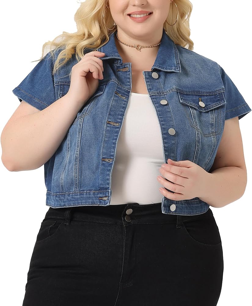 Agnes Orinda Plus Size Denim Vest Tops for Women Y2K Button Down Short Sleeve Streetwear Cropped Jean Jacket