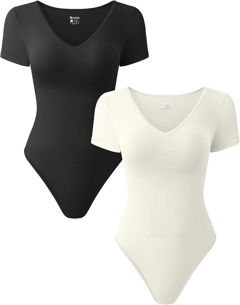 OQQ Women 2 Piece Bodysuits Sexy Ribbed Short Sleeve V Neck Stretch Tank Tops Bodysuits