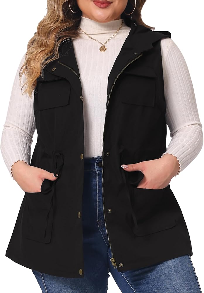 Agnes Orinda Plus Size Anorak Utility Vest for Women Drawstring Lightweight Sleeveless Cargo Hooded Jackets