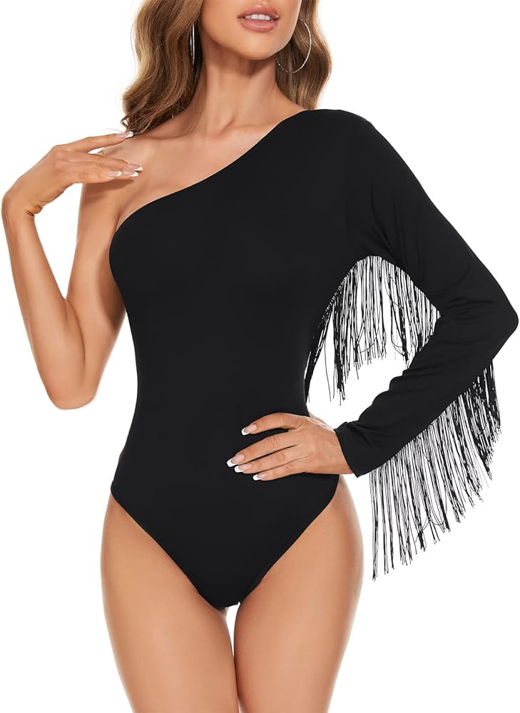 American Trends Women's Fringe Trim One Shoulder Long Sleeve Body Suits Concert Outfits Long Sleeve Bodysuit Tank Top