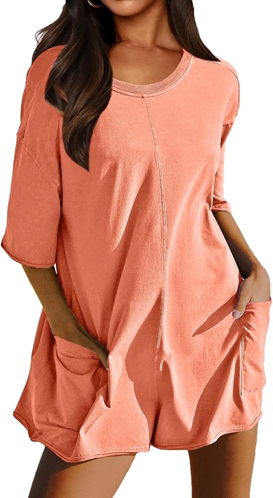 Rompers for Women Casual Oversized Tee Romper Back V Neck Half Sleeve Athletic Workout jumpsuits With Pockets