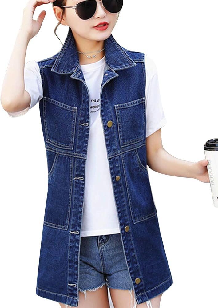 Flygo Womens Casual Loose Sleeveless Ripped Slit Denim Jean Vest Jacket (X-Large, Blue)