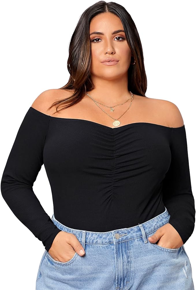 WDIRARA Women's Plus Size Off the Shoulder Long Sleeve Ruched Bodysuit Tops