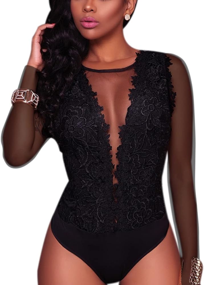 RARITYUS Women Sexy Lace Bodysuit Jumpsuit See Through Mesh Long Sleeve Tops for Outfit Party