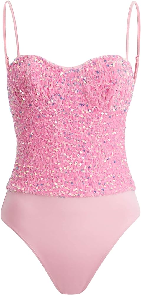 MakeMeChic Women's Sequin Glitter Bodysuit Spaghetti Strap Party Club Bodysuit Cami Top