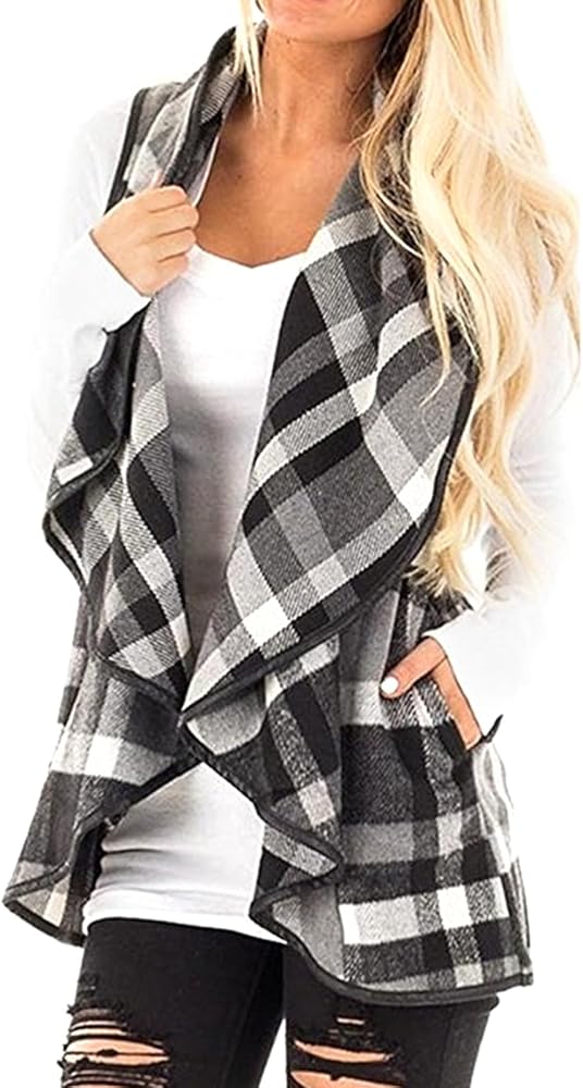 Women Buffalo Plaid Vest Casual Lapel Open Front Sleeveless Cardigan Jacket Coat with Pockets S-2XL