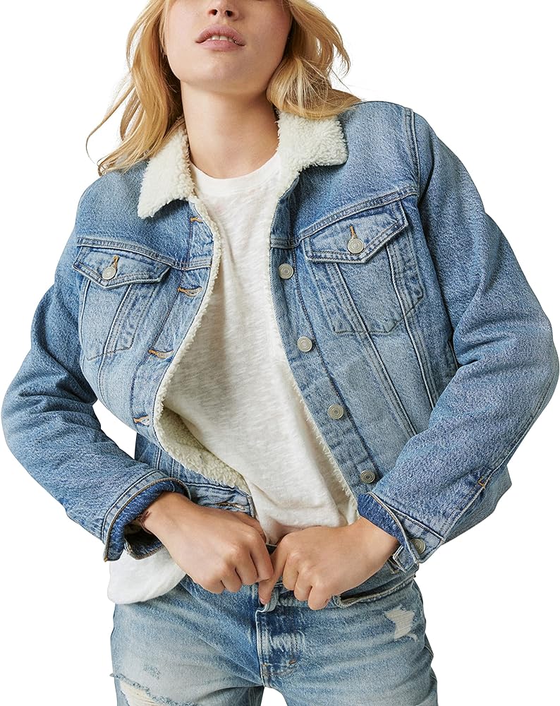 Lucky Brand Womens Sherpa Lined Denim Trucker Jacket