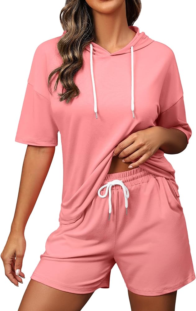 FUPHINE Women's Two Piece Outfits Shorts Sets Summer Sweatsuit Sets Short Sleeve Hoodie and Bottoms Loungewear with Pocket