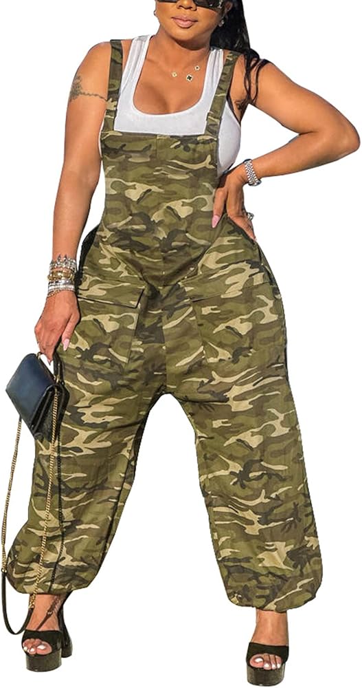 LETSVDO Womens Casual Demin Harem Jumpsuit Plus Size Camo Spaghetti Strap Sleeveless Wide Leg Baggy Overalls Romper Pants