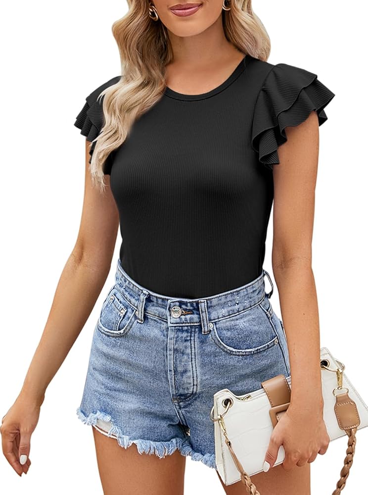 Womens Ruffle Short Sleeve Bodysuits Slim Fit Crew Neck Ribbed Leotard Shirts Tops