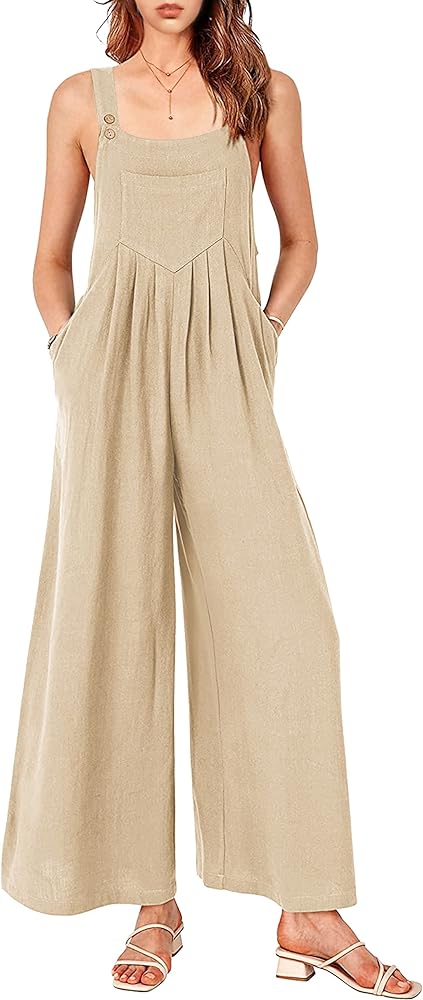 Linen Overalls for Women Loose Fit Boho Wide Leg Jumpsuits Casual Summer Pleated Rompers with Pockets