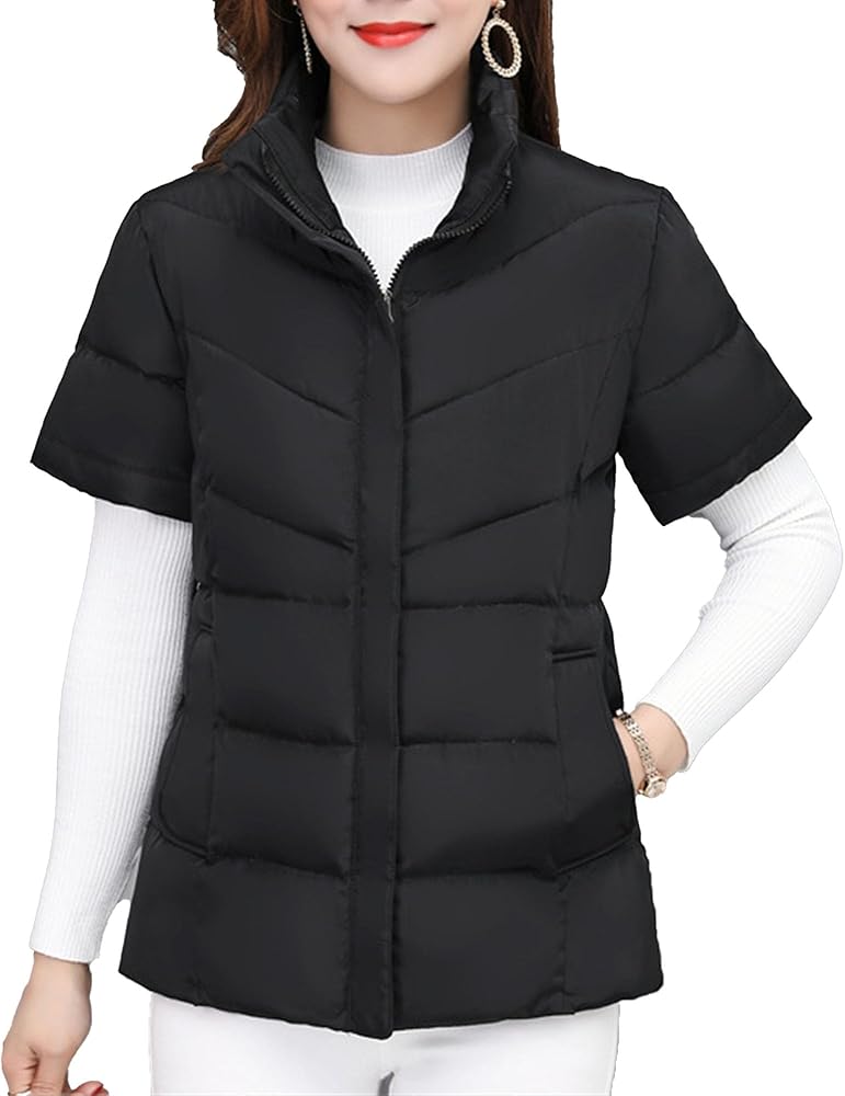 Women's Short Sleeve Crop Puffer Vest Stand Collar Thick Down Coats with Pocket Winter Coat Warm Padded Jacket