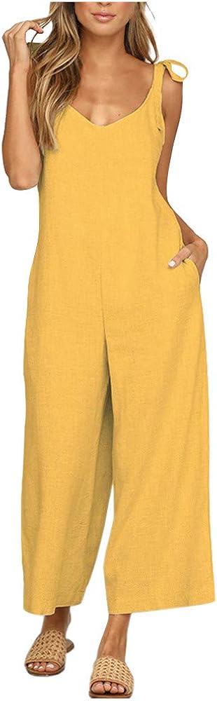 Womens Casual Cropped Wide Leg Jumpsuits Rompers Overalls Spaghetti Loose Fit Baggy Pants Jumpsuit with Pockets(Yellow,14)