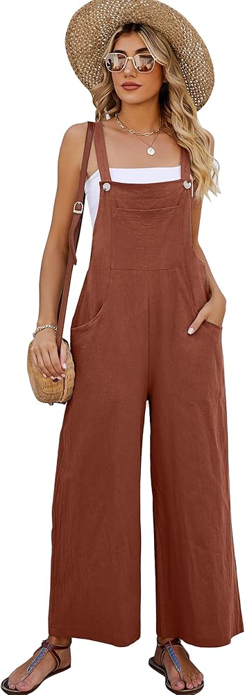 Women's Bib Overalls Square Neck Sleeveless Adjustable Casual Cotton Jumpsuits Wide Leg Loose Rompers with Pockets 2024