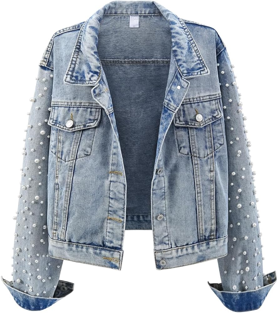 Kedera Women's Embroidered Pearls Rivet Denim Jacket Casual Loose Short Jean Coat