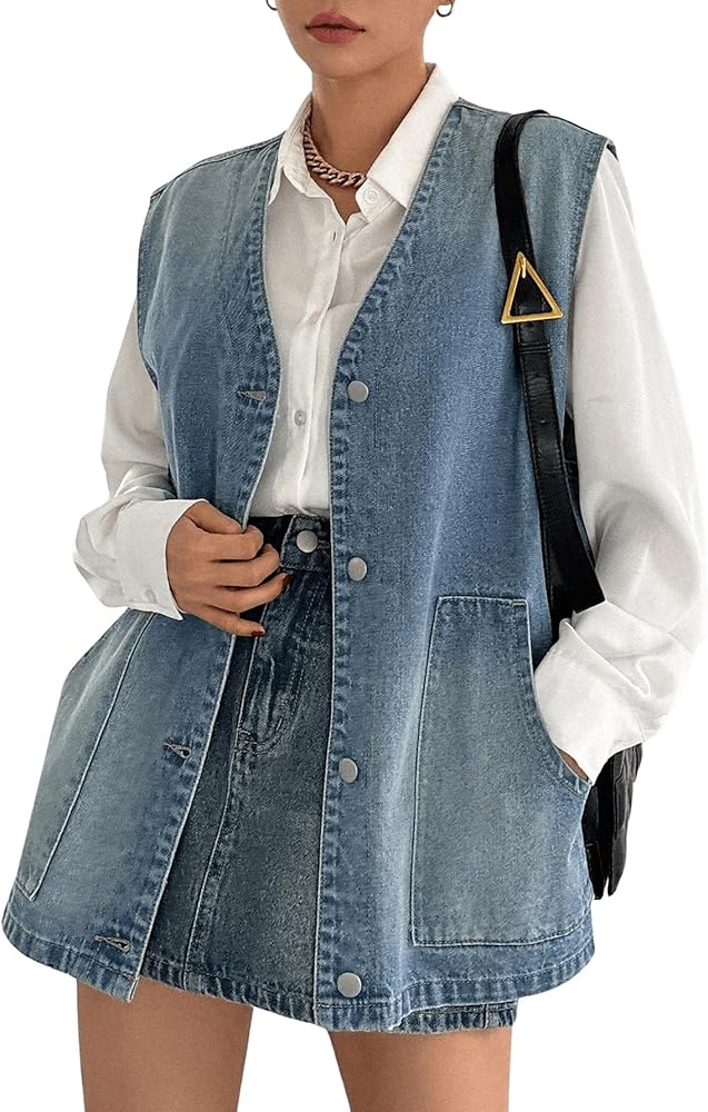 Milumia Women's Oversized Denim Vest Mid Long Button Up Sleeveless Jean Jackets Waistcoat