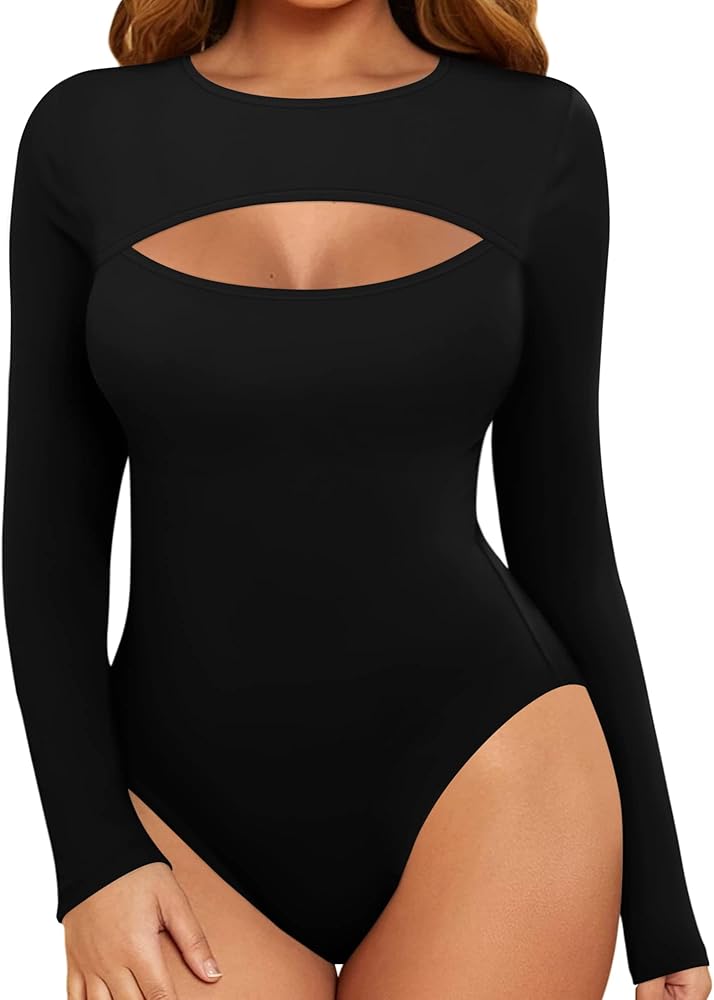 MANGOPOP Womens Long Sleeve Bodysuit Sexy Front Cutout Round Neck Body Suits