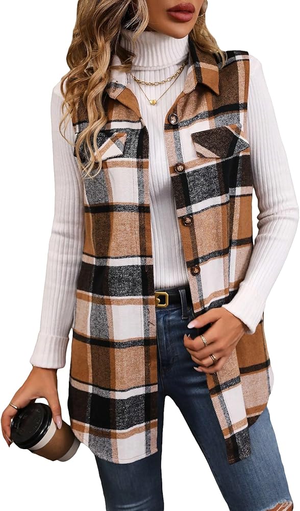 GORGLITTER Women's Plaid Print Flap Detail Sleeveless Collar Button Front Vest Blazer Jacket