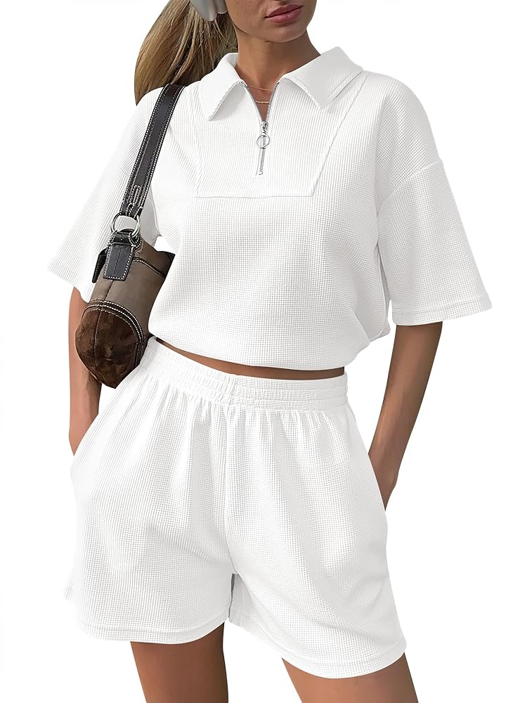 ANRABESS Women's 2 Piece Outfits Half Zip Lapel Collar Short Sleeve Drawstring Crop Tops Short Pants Lounge Sets Sweatsuit