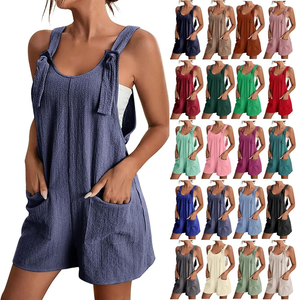 Rompers for Women 2024 Summer Trendy Casual Short Overalls Sleeveless Adjustable Straps Jumpsuits with Pockets