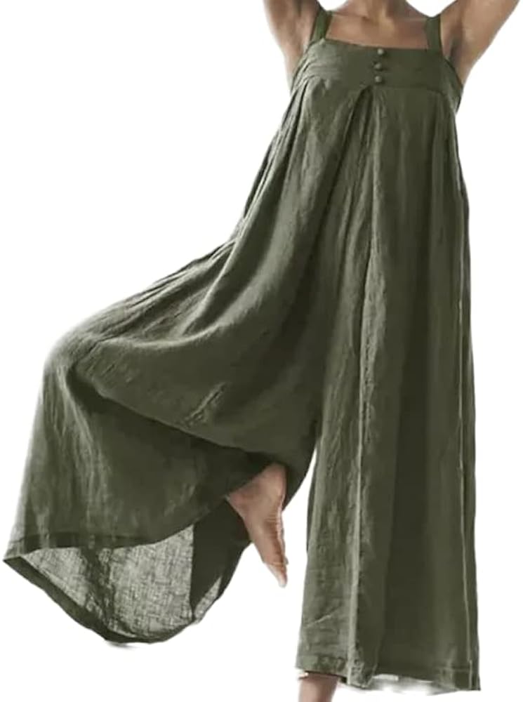 Akivide Womens Sleeveless Wide Leg Jumpsuit Square Neck Plus Size Linen Overall Casual Loose Button Decor Long Pant Romper