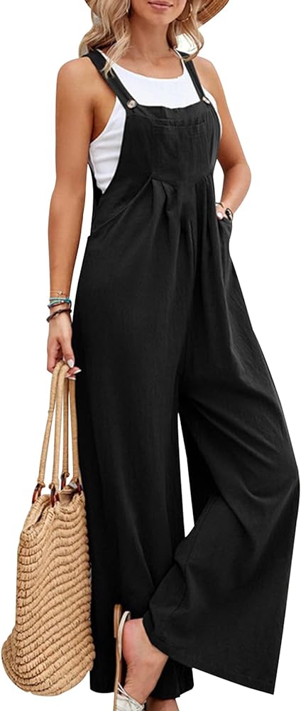 Yimoon Women's Loose Fit Linen Overalls Baggy Wide Leg Rompers Jumpsuits Plus Size Adjustable Bib Pants with Pockets