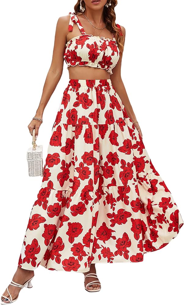 MakeMeChic Women's 2 Piece Outfits Boho Floral Tie Shoulder Crop Top and Ruffle Maxi Skirt Set