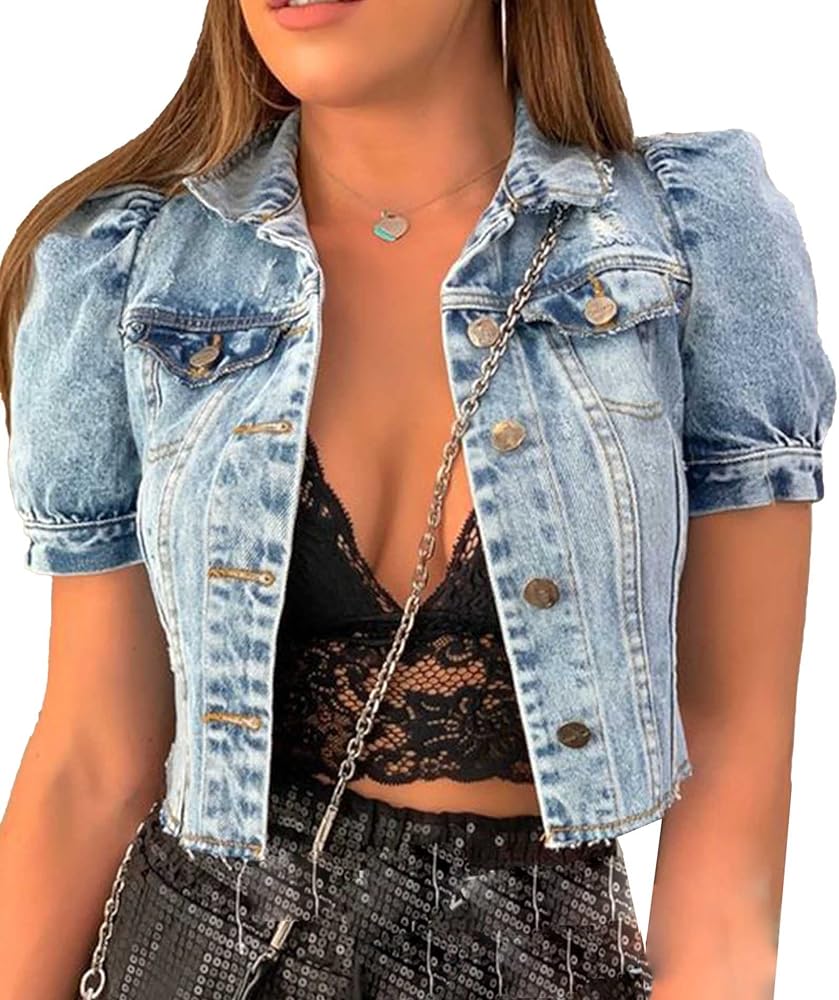 SOMTHRON Women's Cropped Jean Jacket Puff Short Sleeve Button Down Denim Coat Crop Top Outerwear