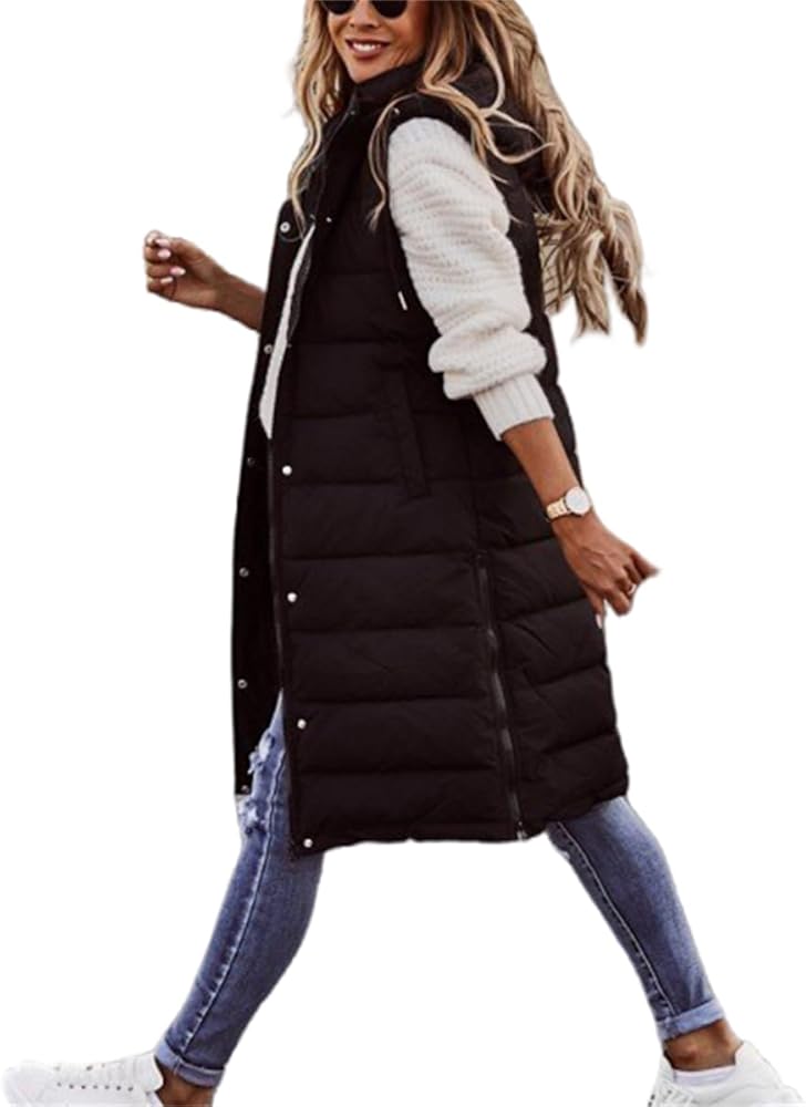 Women's Long Puffer Vest Jacket Sleveless Hoodies Full Zipper Sleeveless Down Coats Thickened Warm Windbreakers